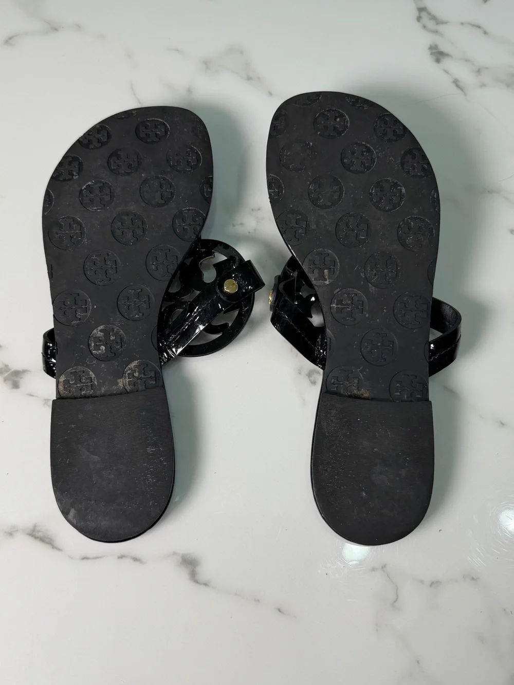 Tory Burch Miller Black Patent Leather Logo Sandals Women's Size 7